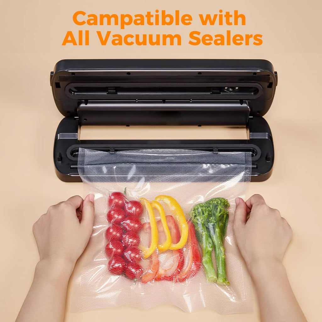 Clear vacuum sealer bag pouch in a vacuum sealer, with mixed foods inside