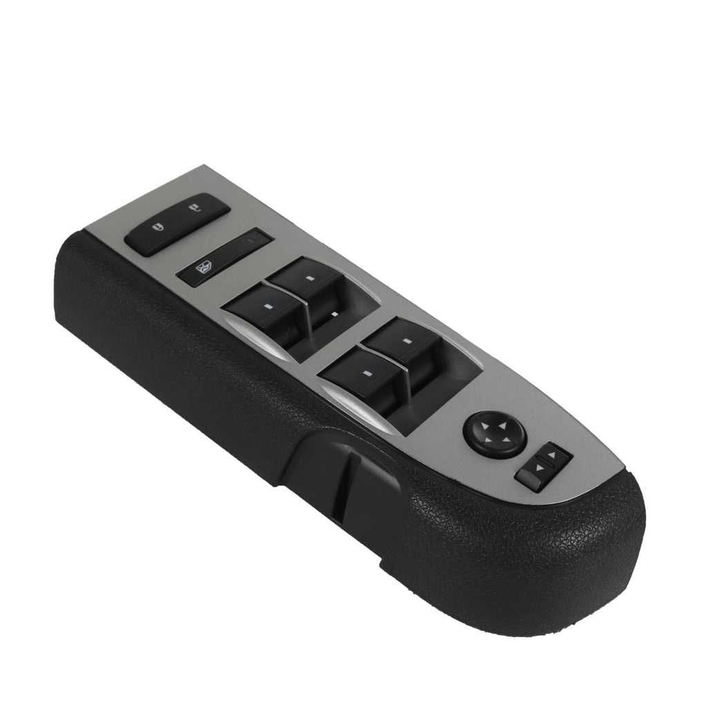 Power window switch with rocker switches, lock icons, and circular control knob.
