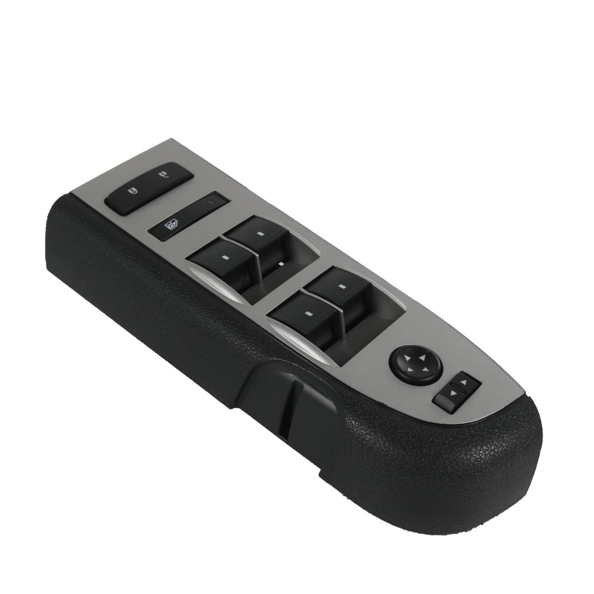Power window switch with rocker switches, lock icons, and circular control knob.