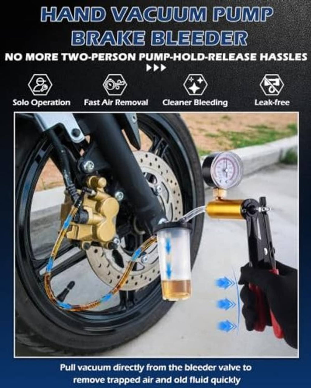 Hand vacuum brake bleeder pump connected to motorcycle brake caliper and hose