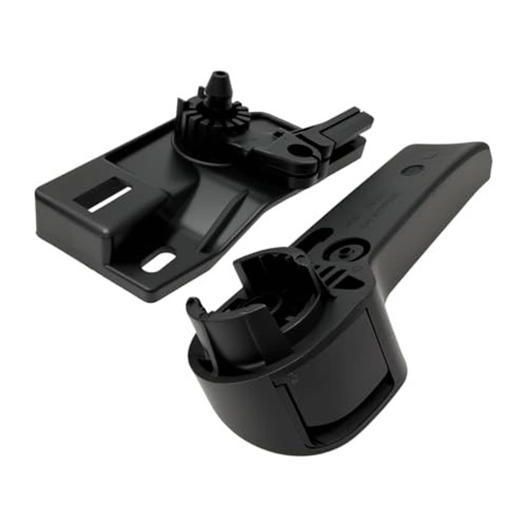 Black hood latch release handle and bracket, reverse side angle.