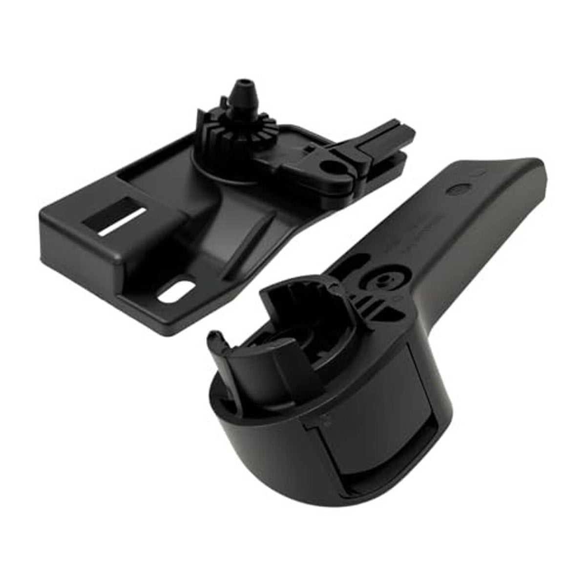 Black hood latch release handle and bracket, reverse side angle.