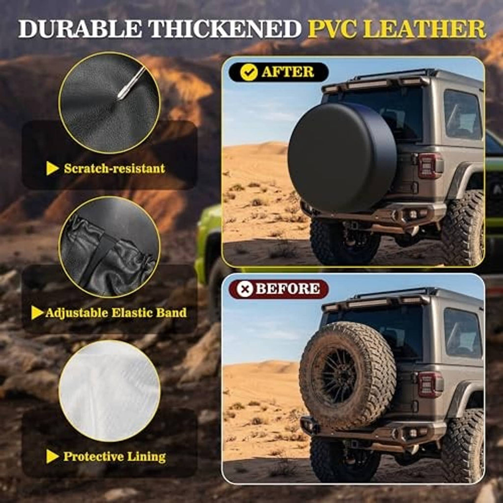 Thickened spare tire cover with textured PVC leather look; round dark cover with seam.