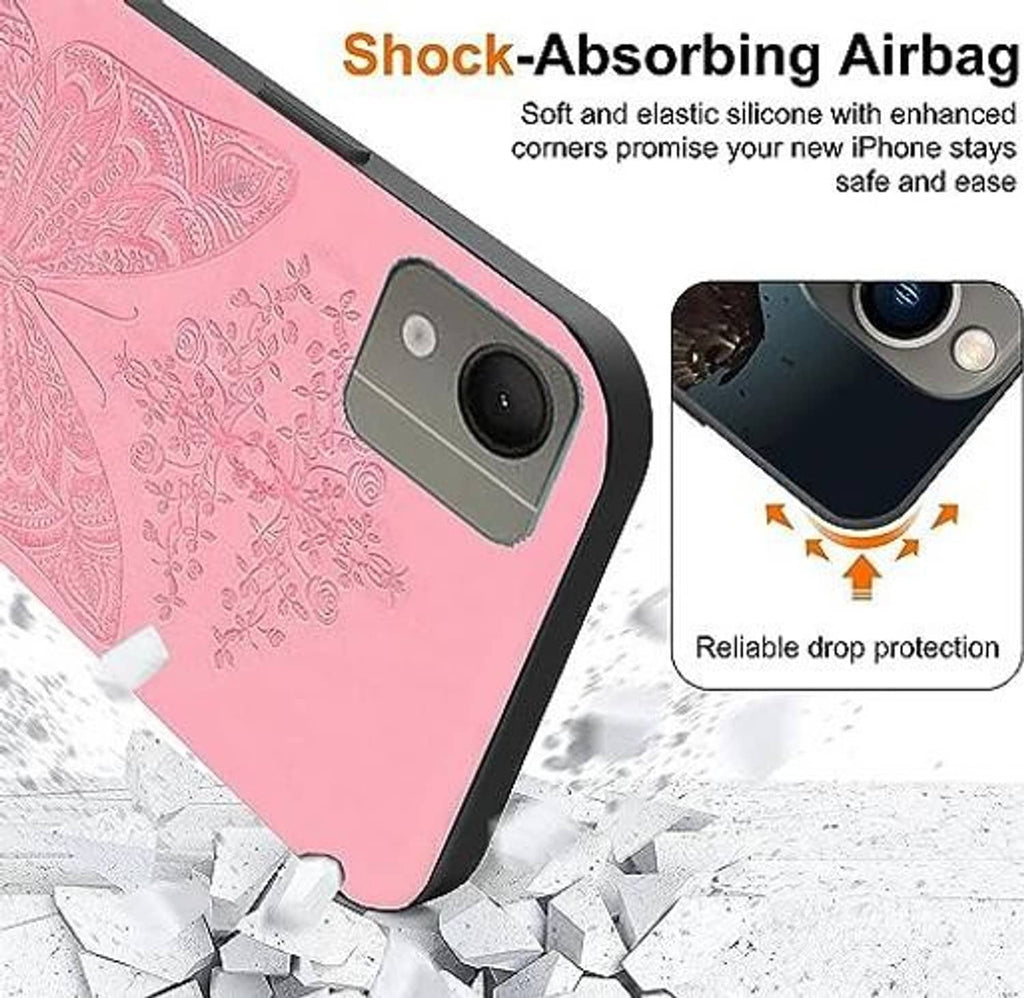Pink phone case with ornate butterfly pattern and black shockproof-style edge