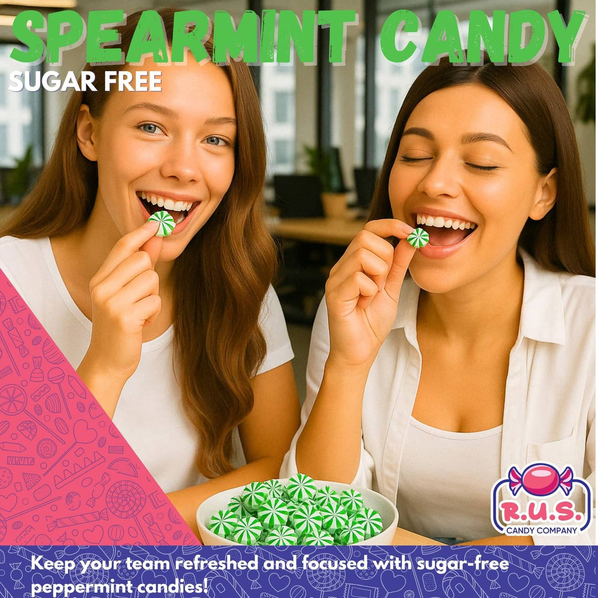 Sugar-free spearmint hard candy with two women holding green-striped peppermints