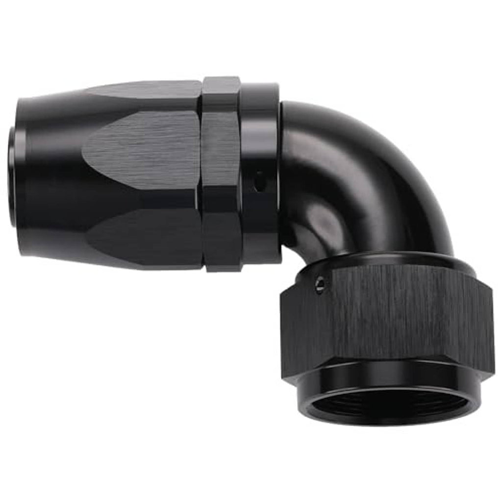 Black 90-degree swivel AN hose end fitting with textured collar and threaded port