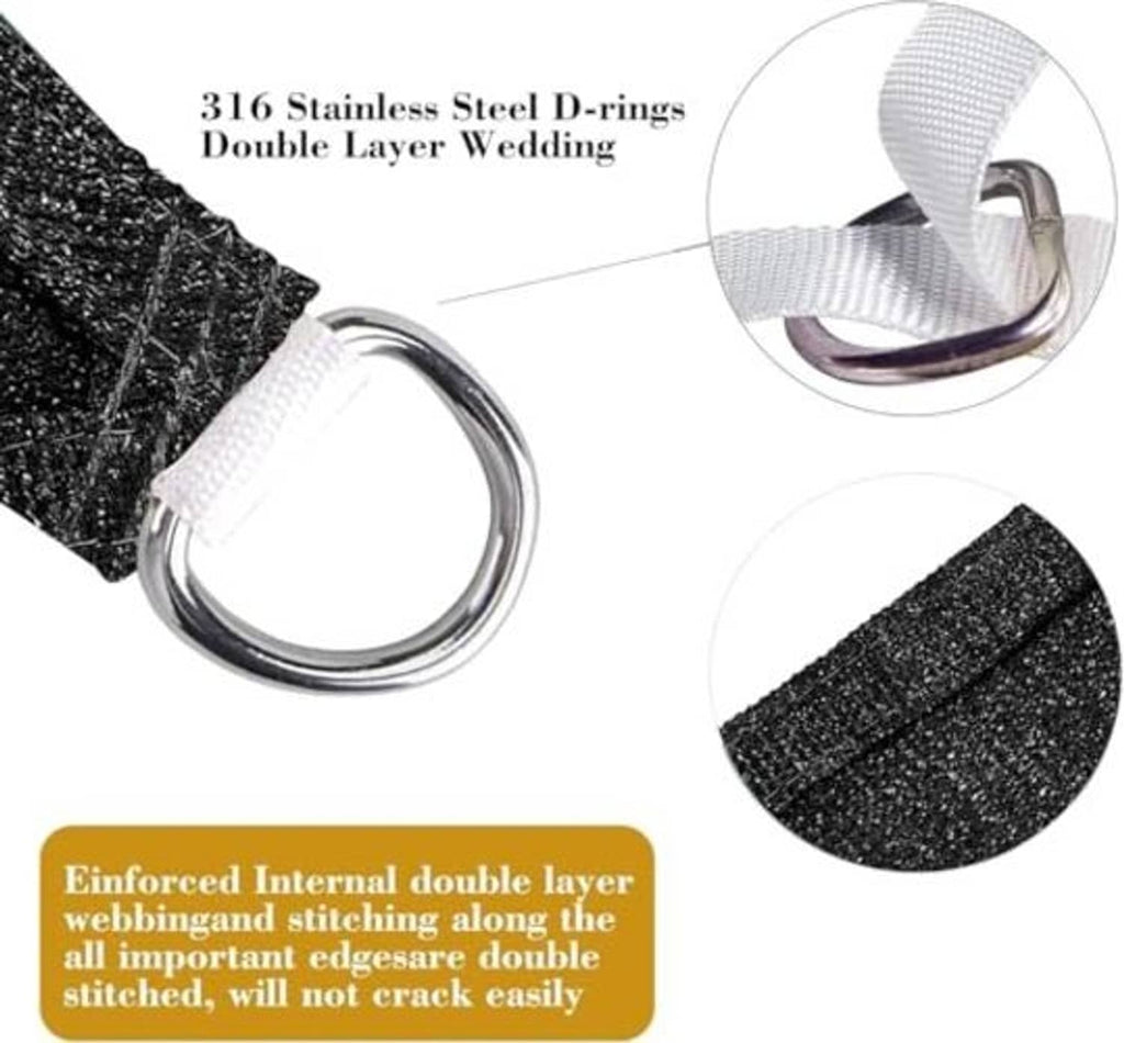 Black sun shade fabric with reinforced stitching and 316 stainless steel D-ring grommets
