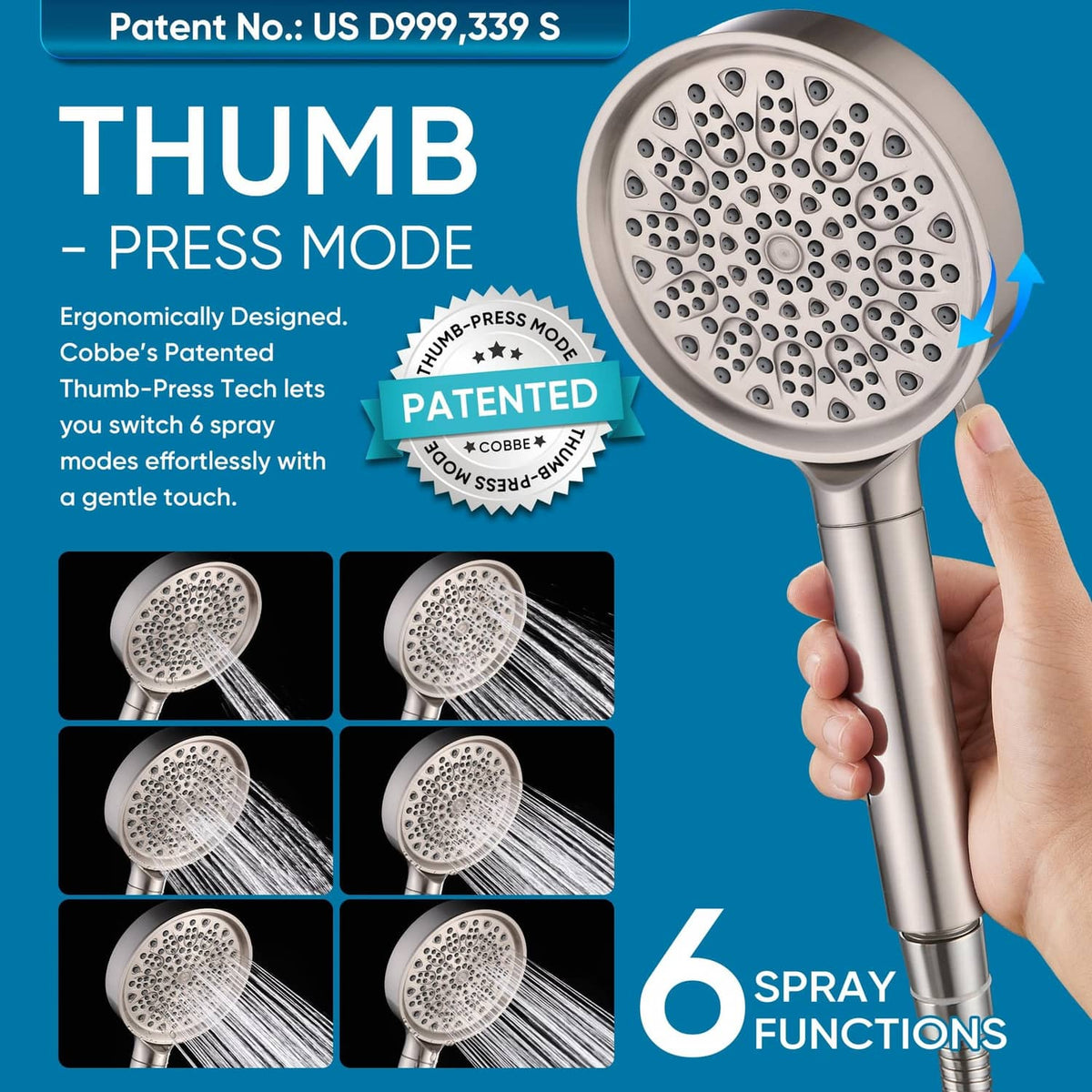 Brushed nickel handheld shower head with thumb-press control and 6 spray functions