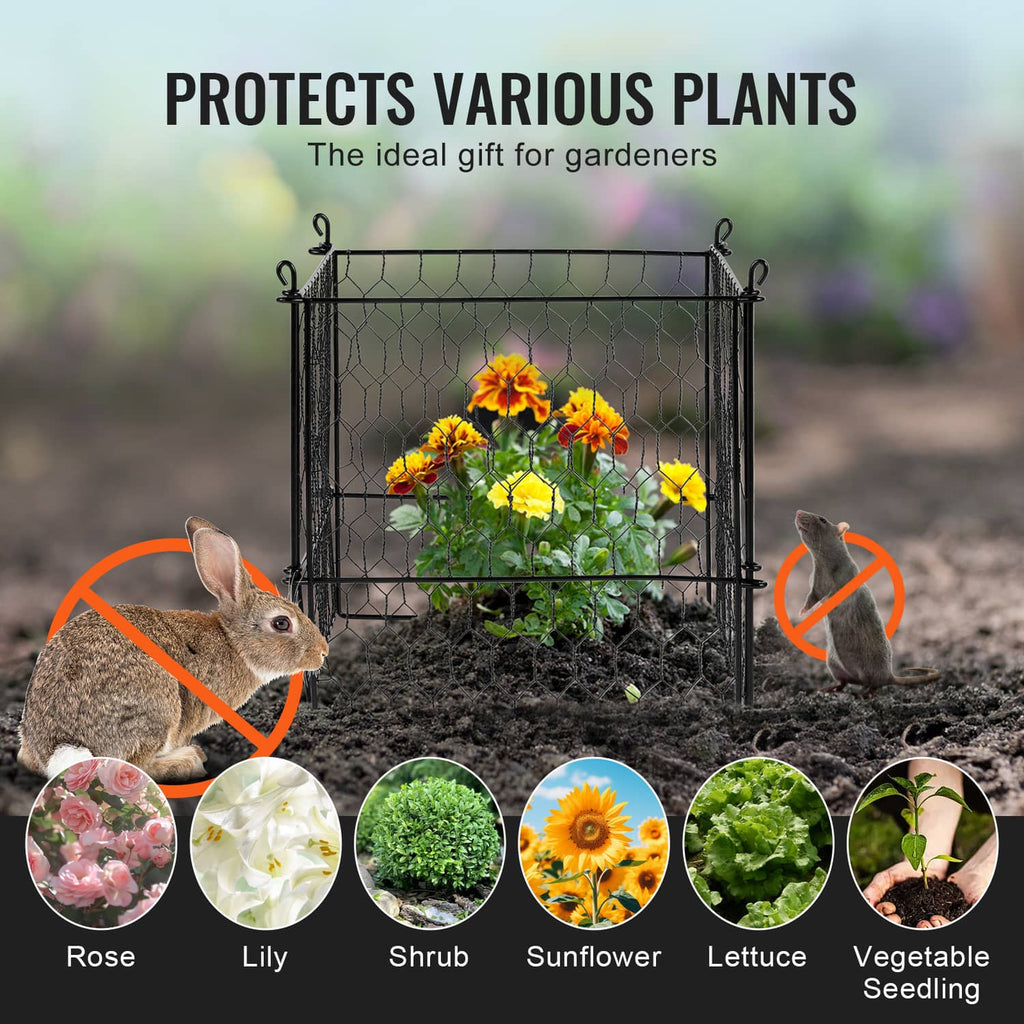 Black metal mesh plant protector cage holding a potted plant in soil