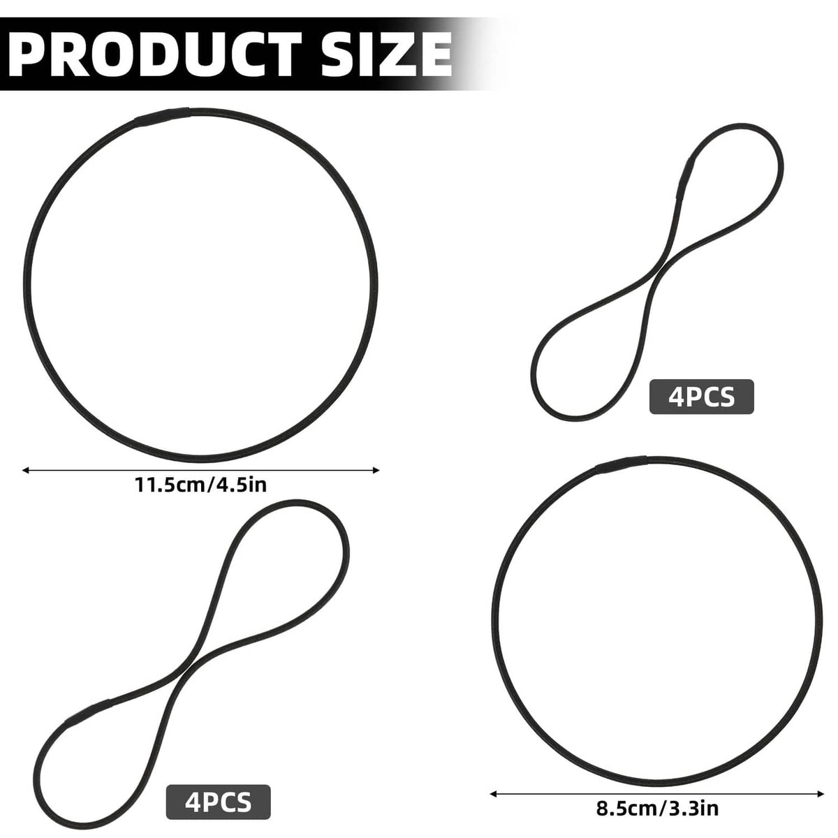 Black shock mount rubber ring set with size diagram, 4 loop measurements