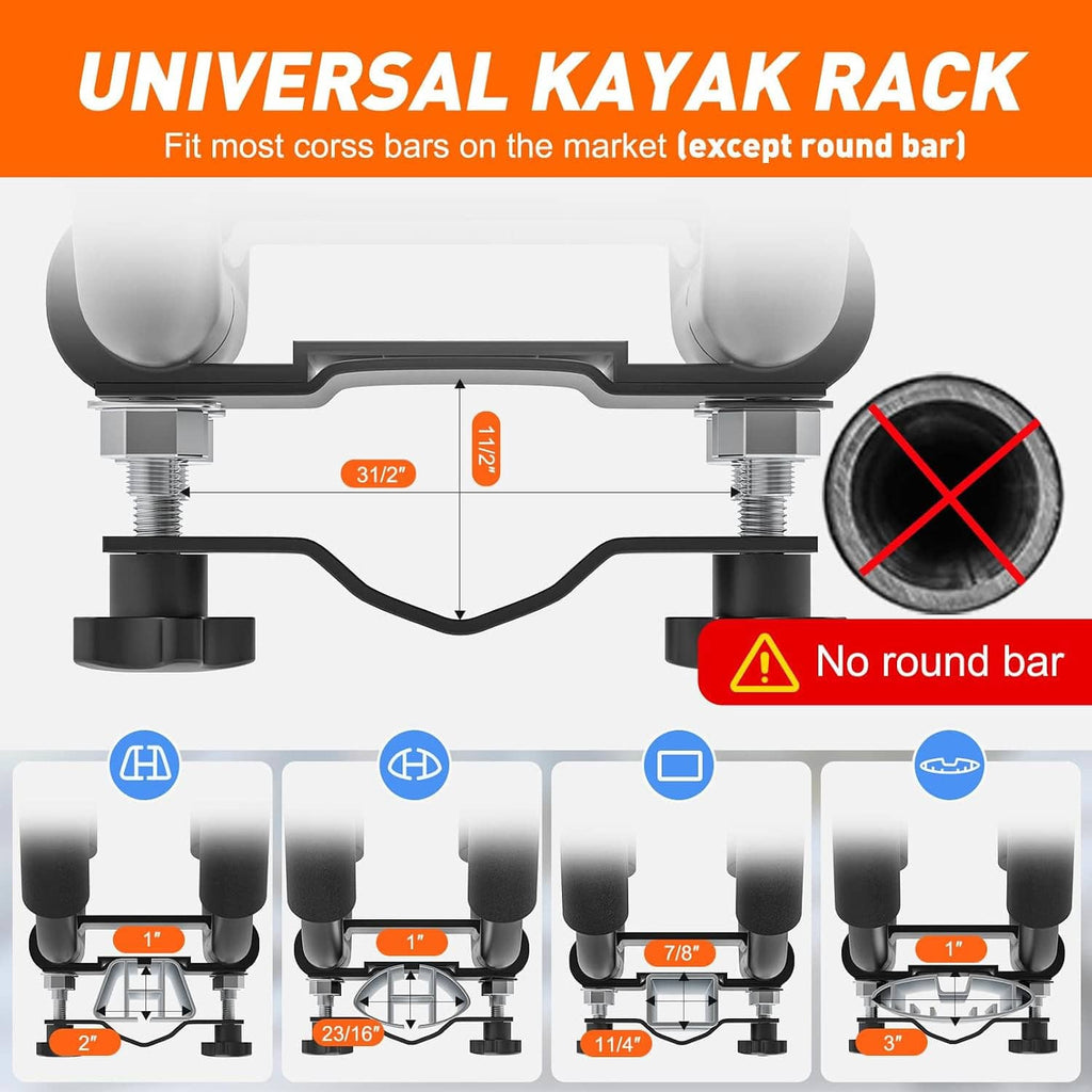 Universal kayak roof rack clamp design for cross bars, with no-round-bar warning