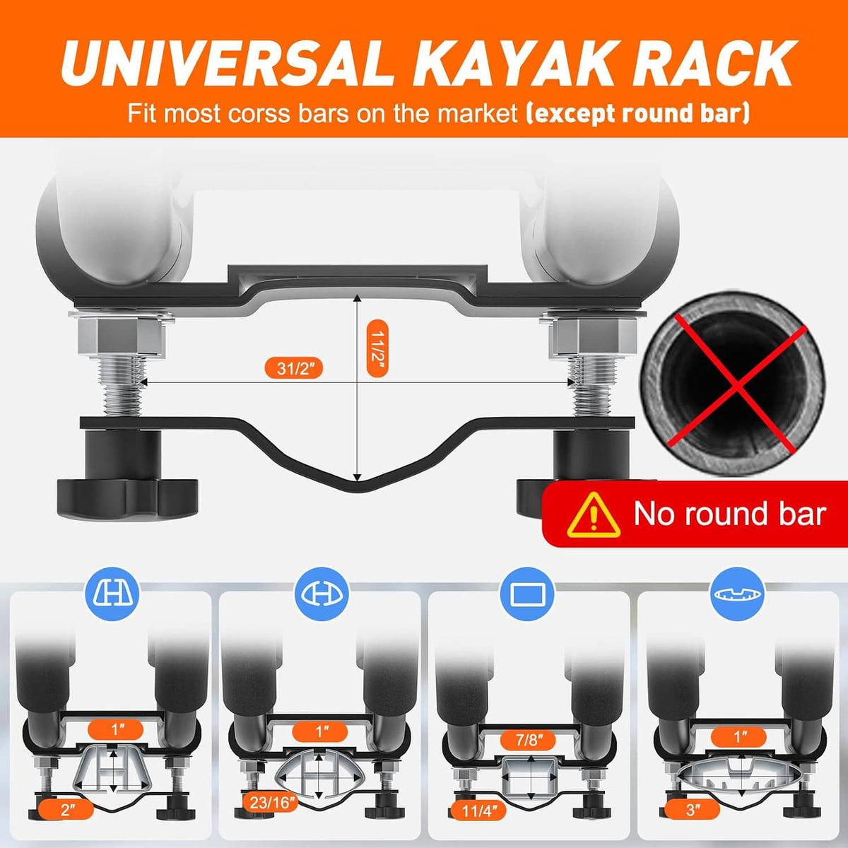 Universal kayak roof rack clamp design for cross bars, with no-round-bar warning