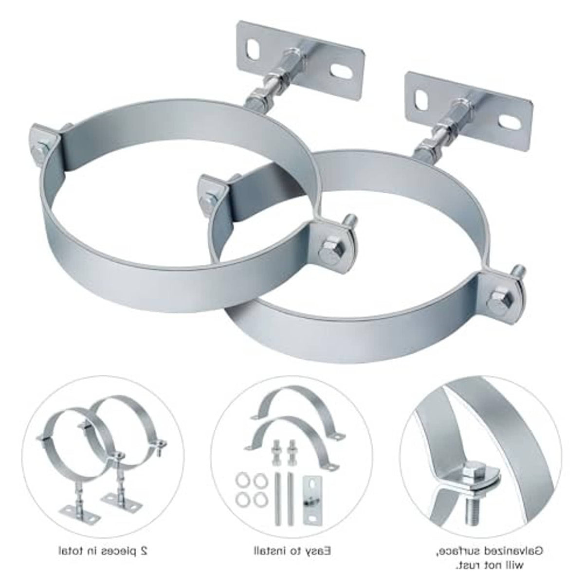 Two chimney pipe split ring hangers with bolts and base plates, gray metal