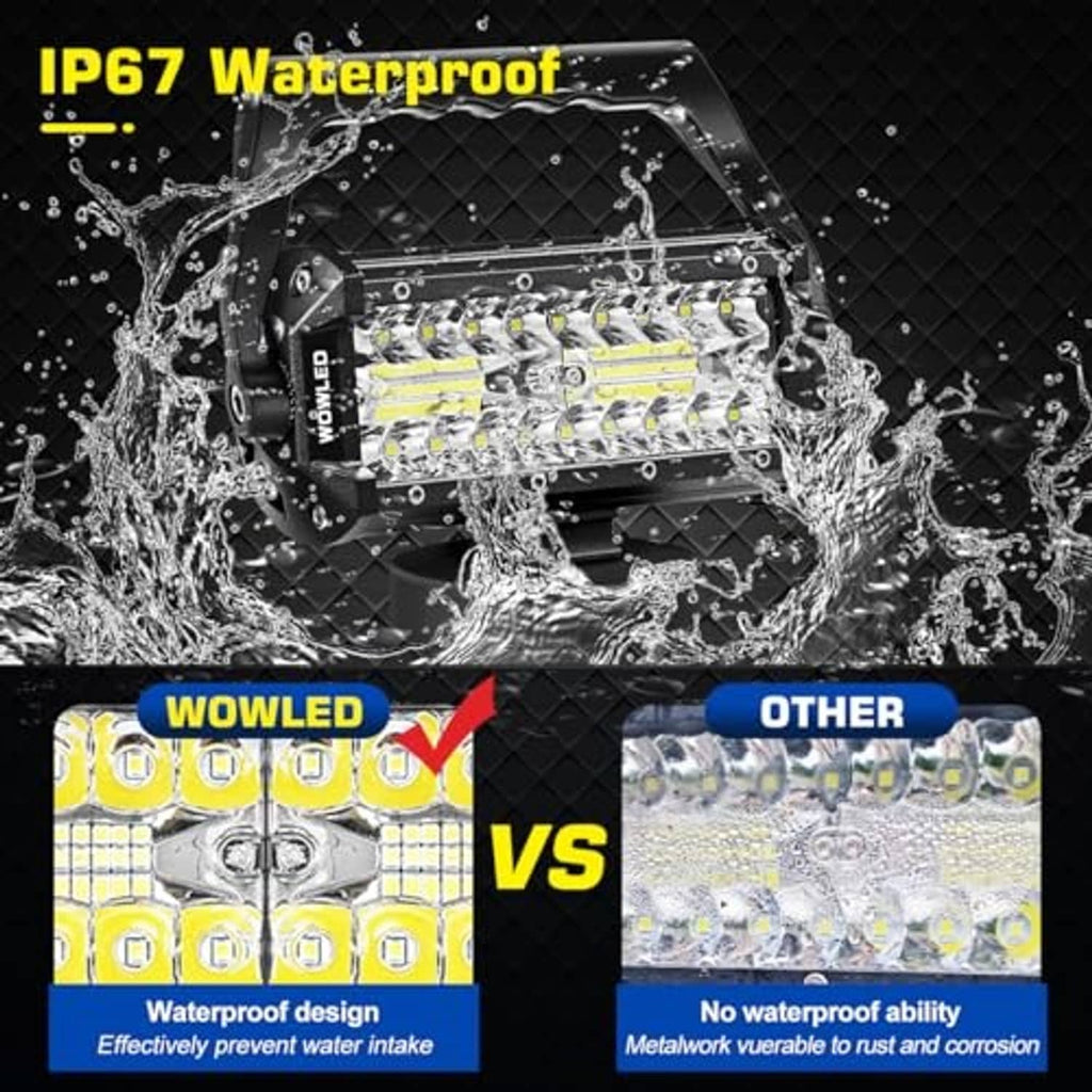 Black LED work light with sealed housing, shown with water splash droplets.