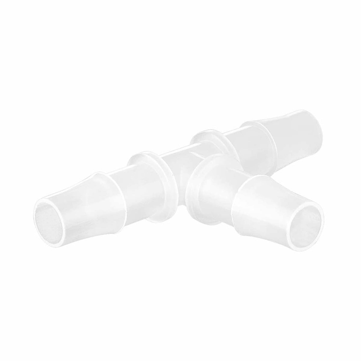 White plastic 3-way hose barb tee fitting, angled view with barbs