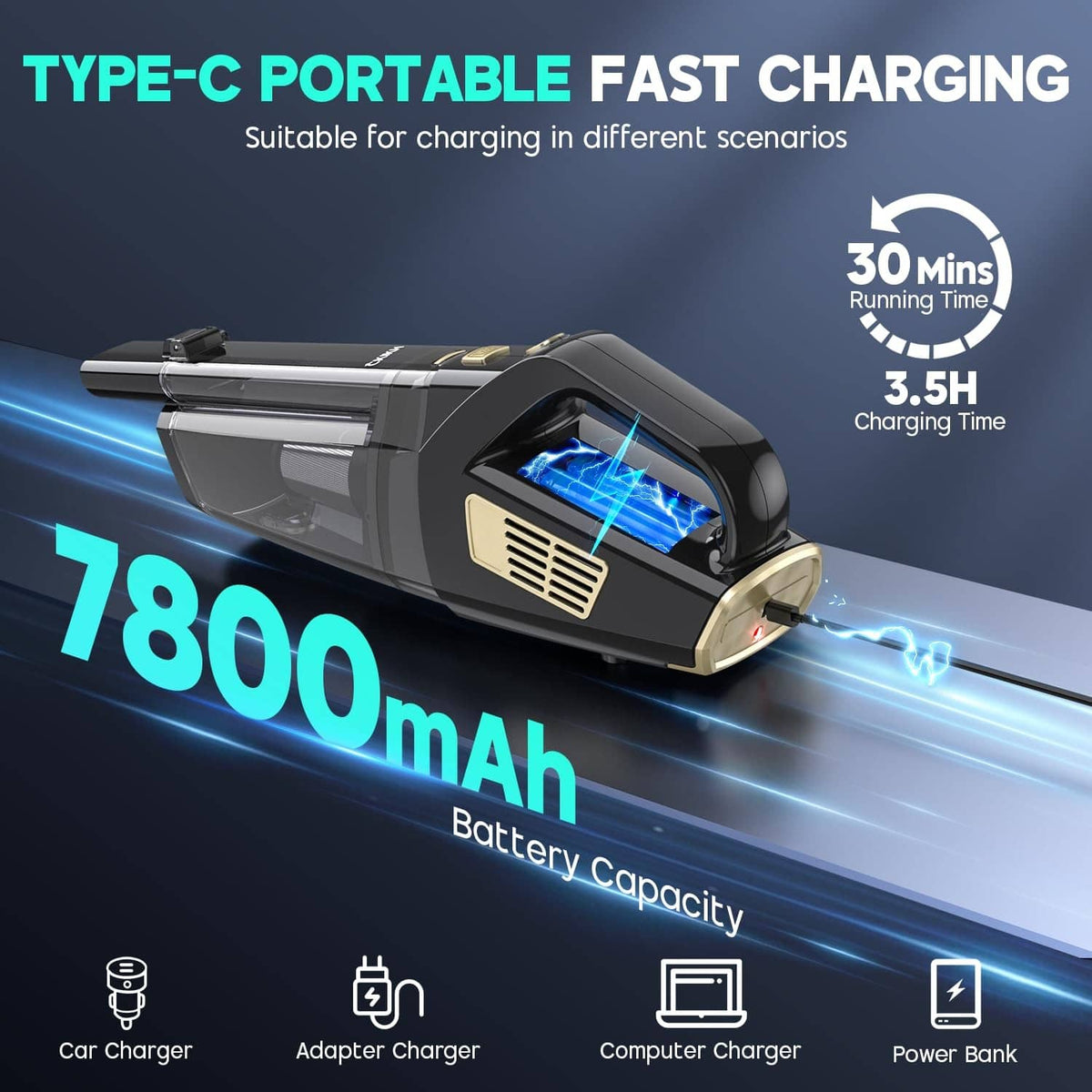 Black cordless handheld vacuum with Type-C charging port and battery charging design