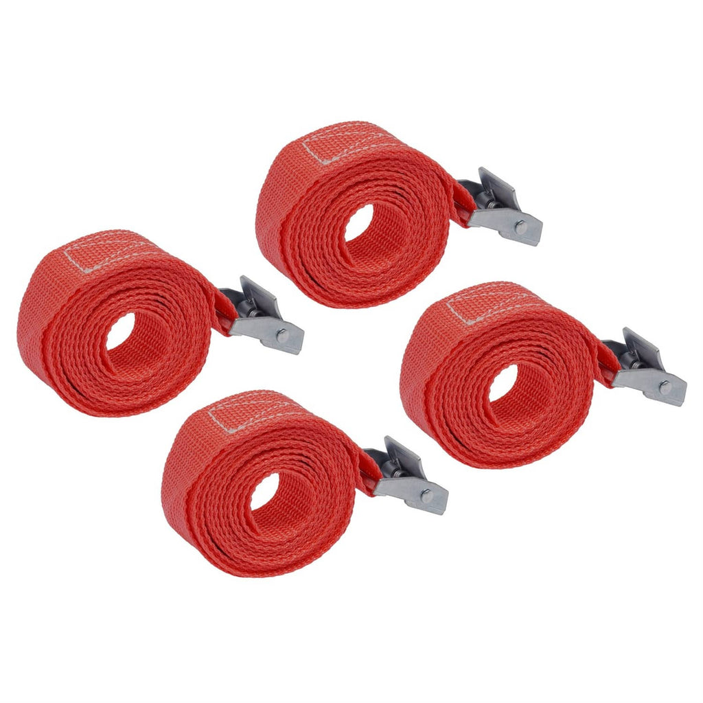 Tow-behind drag harrow strap rolls with metal hooks, red