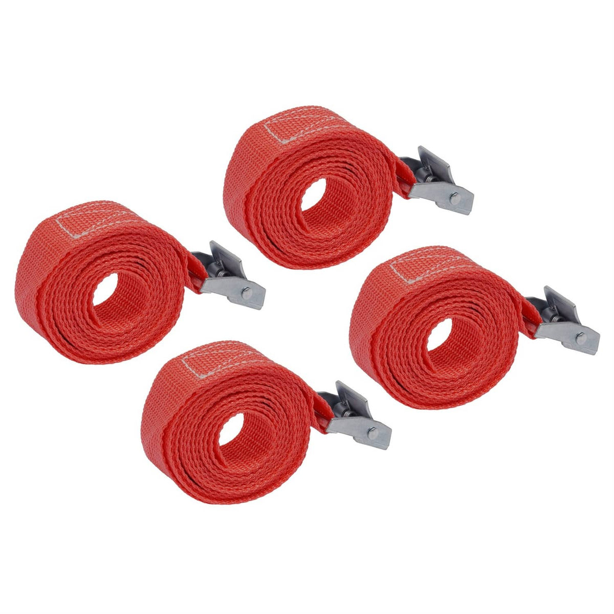 Tow-behind drag harrow strap rolls with metal hooks, red