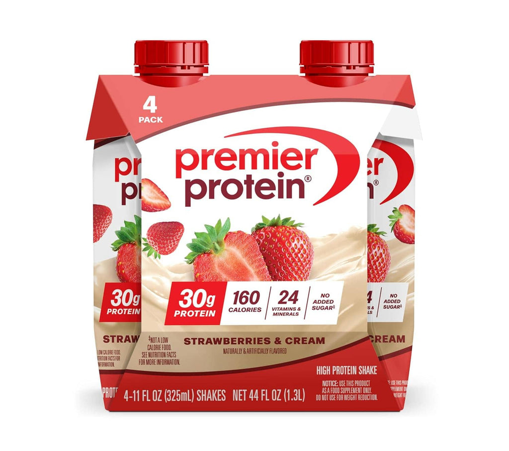 Premier Protein strawberries and cream shake, 4-pack red cartons with caps