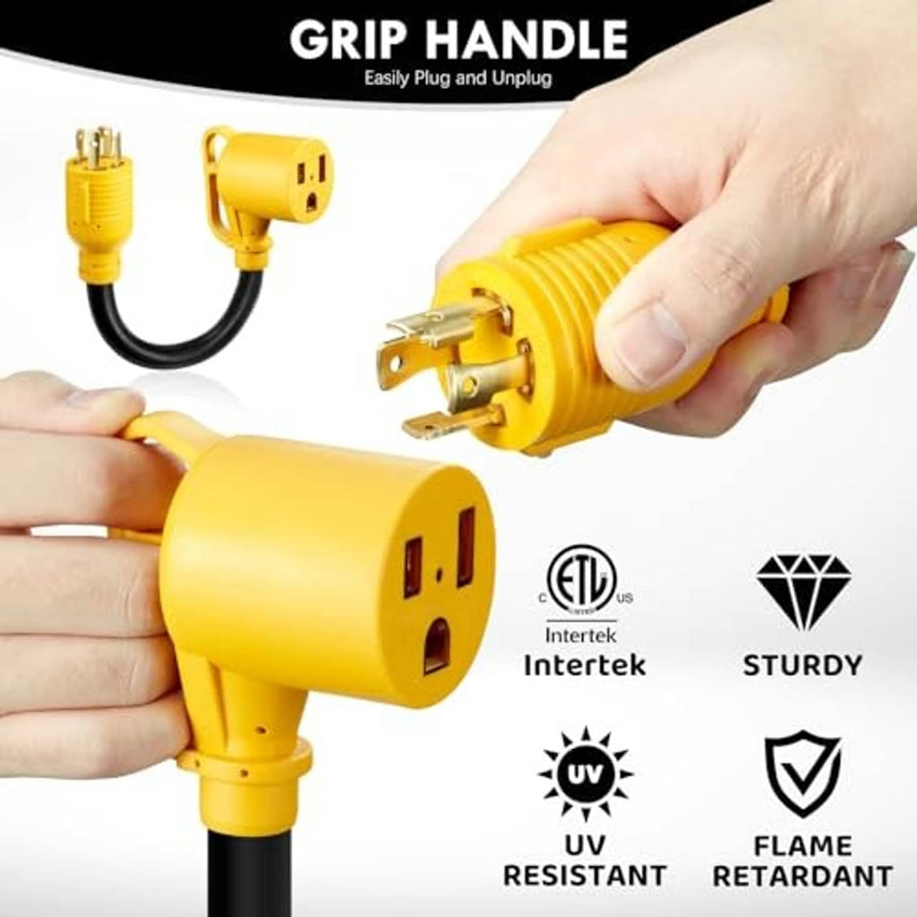 Twist-lock adapter plug with yellow grip handle, 4-prong connector, and black cord