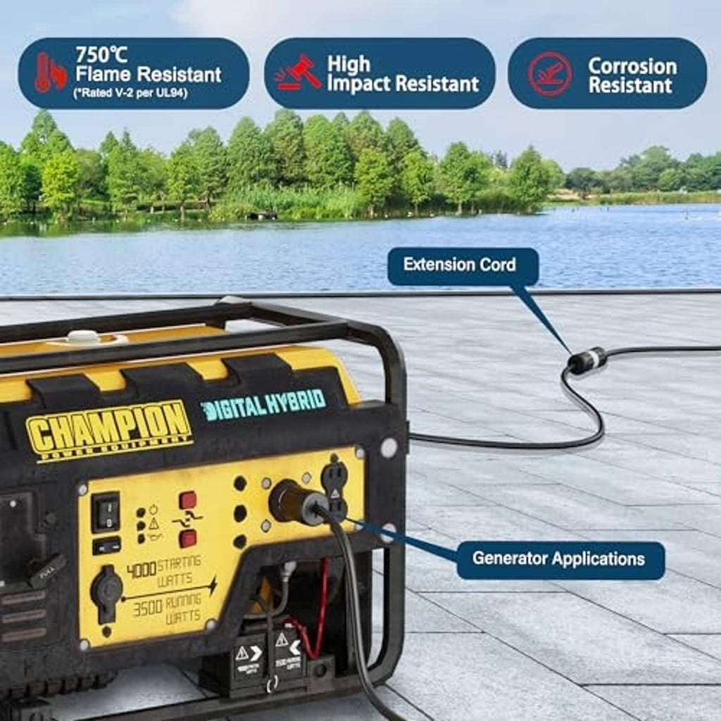 Black locking extension cord plug for generator use, secure-lock design