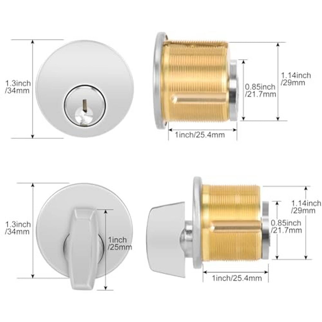 Mortise lock cylinder with oval silver cover and brass barrel, size measurements shown.