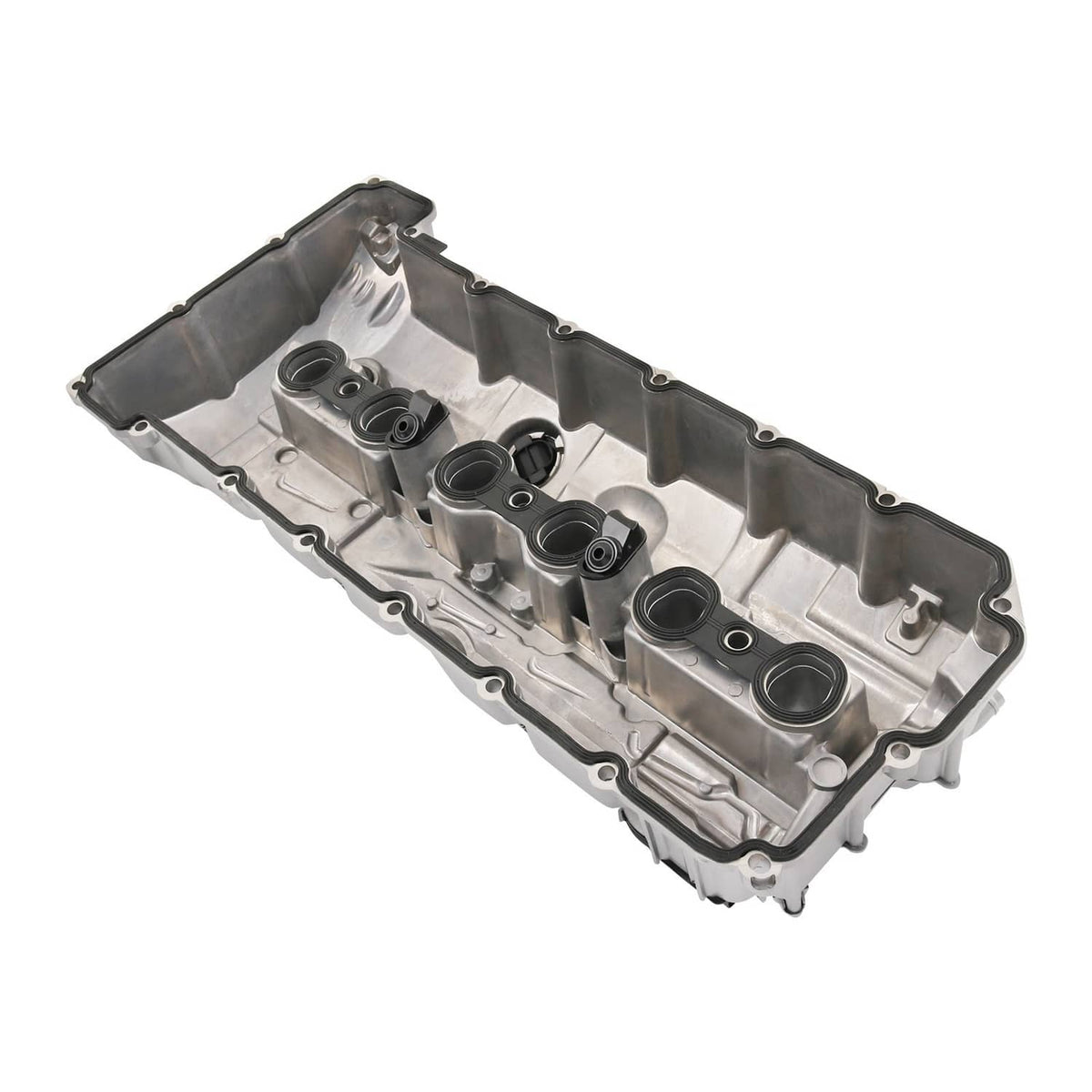 Aluminum engine valve cover underside with molded seals and valve openings