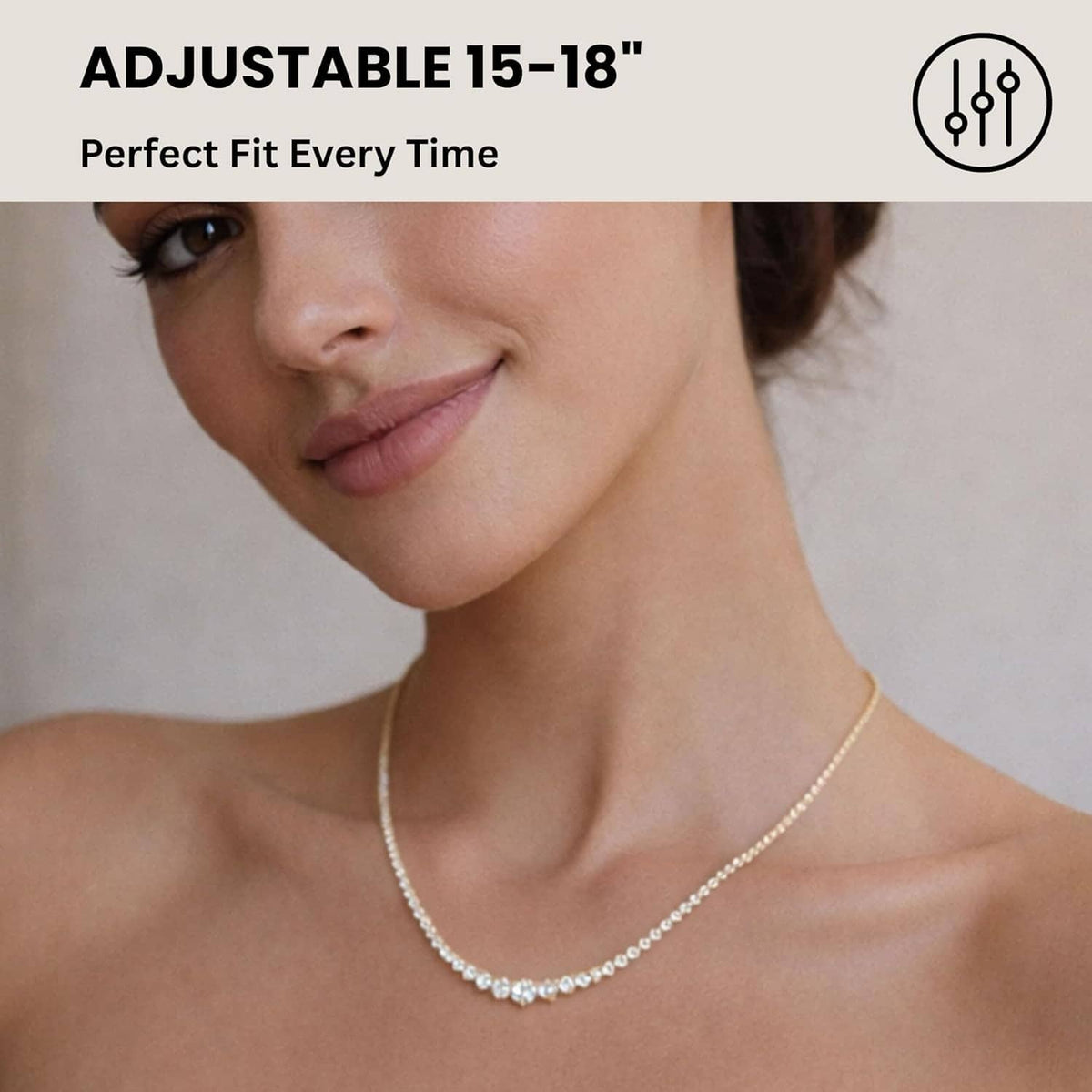 Gold-plated tennis necklace with small white CZ stones, adjustable length on neckline