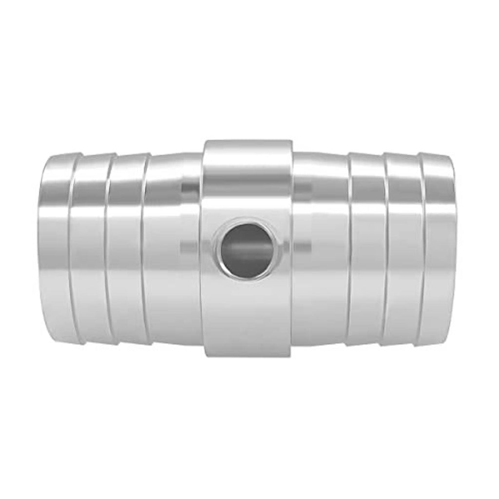 Metal hose barb coupler reducer with centered round opening and smooth collar