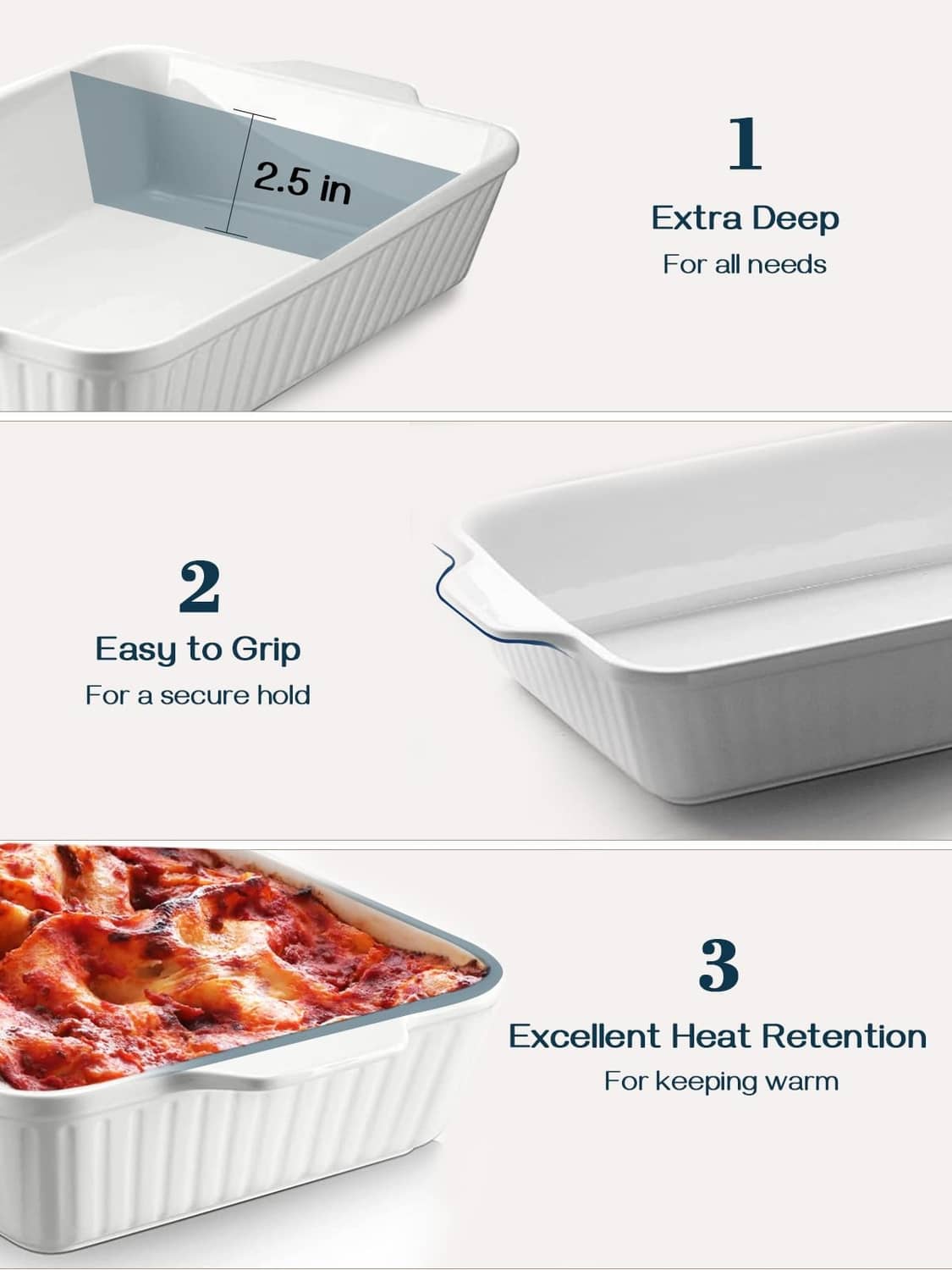 Deep white ceramic roasting dish with ribbed exterior and two side handles.