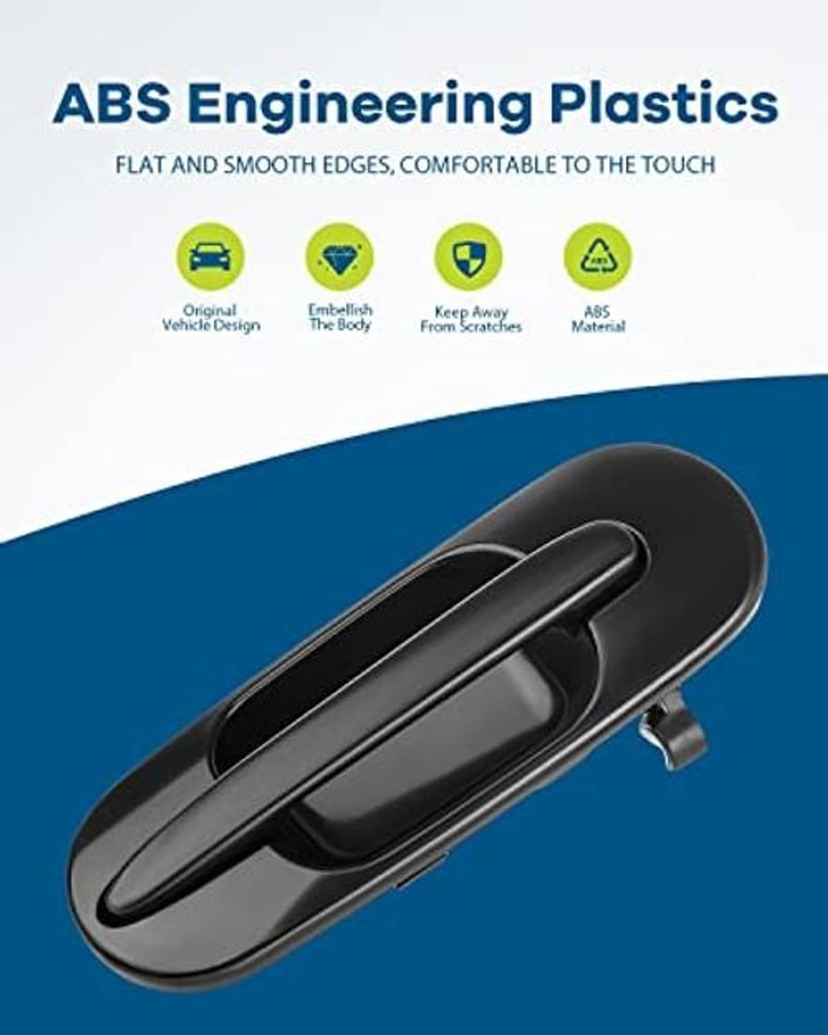 Dark gray exterior door handle with black pull, angled close-up