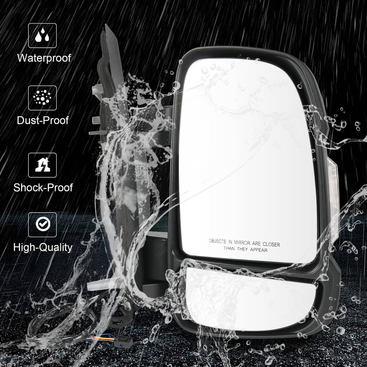 Waterproof right passenger door mirror with black housing and clear glass