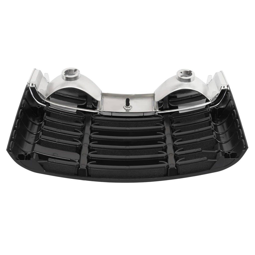 Backside of black ABS grille with mounting studs and internal support ribs