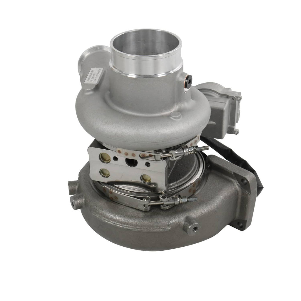 Gray turbocharger with inlet flange and solenoid valve assembly, showing compressor housing
