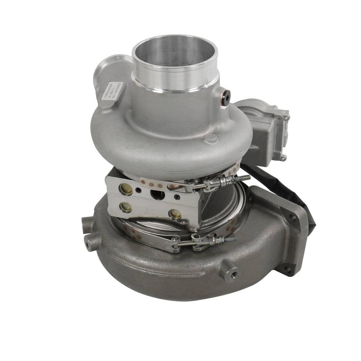 Gray turbocharger with inlet flange and solenoid valve assembly, showing compressor housing