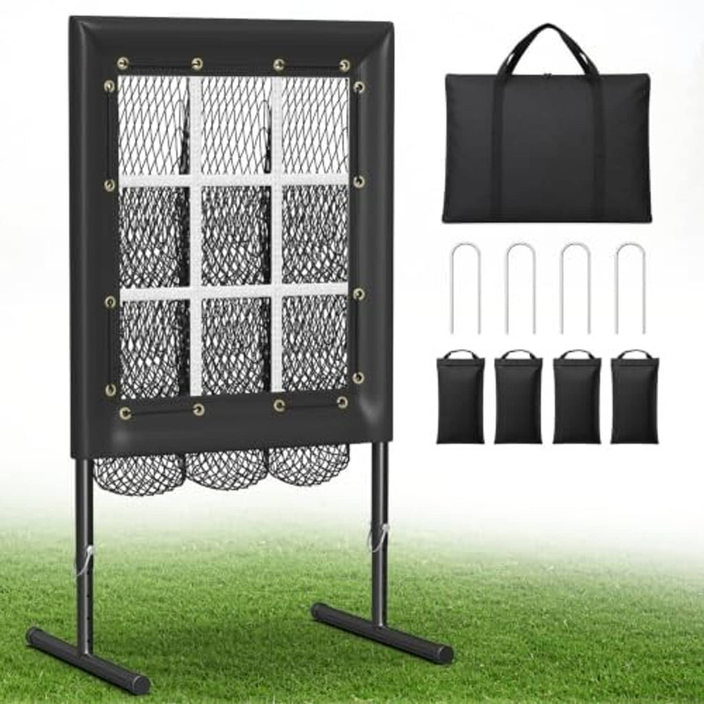 Strike-zone pitching net with 9-hole grid, black carry bag, stakes and side pouches