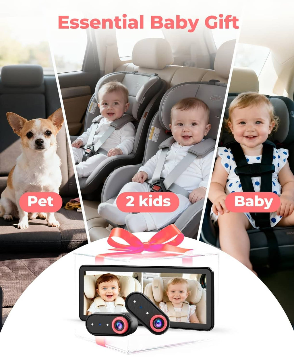 Dual-camera baby monitor gift set with monitor and two cameras, showing kids and pet