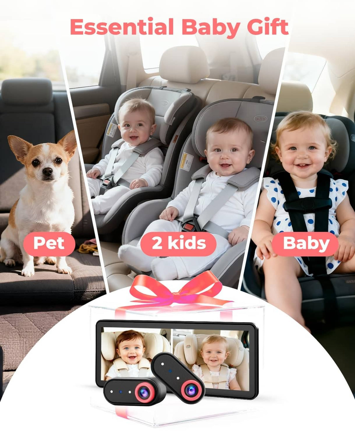 Dual-camera baby monitor gift set with monitor and two cameras, showing kids and pet