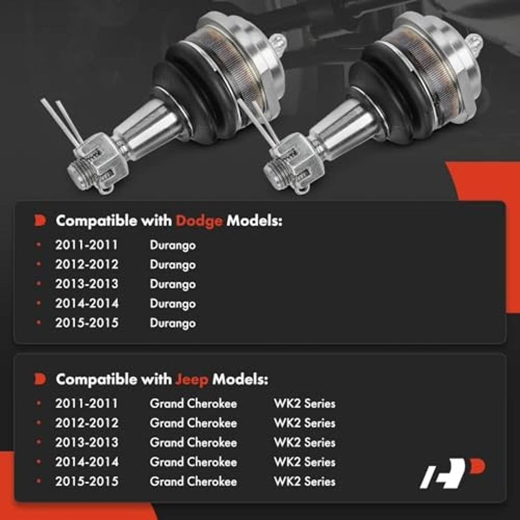 Two chrome upper ball joints with black dust boots and threaded studs