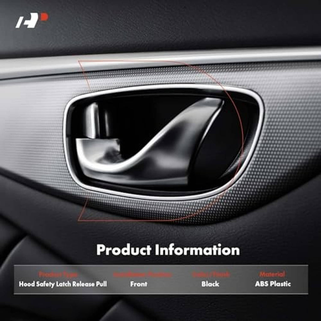 Black hood latch release pull rod handle installed in vehicle interior trim