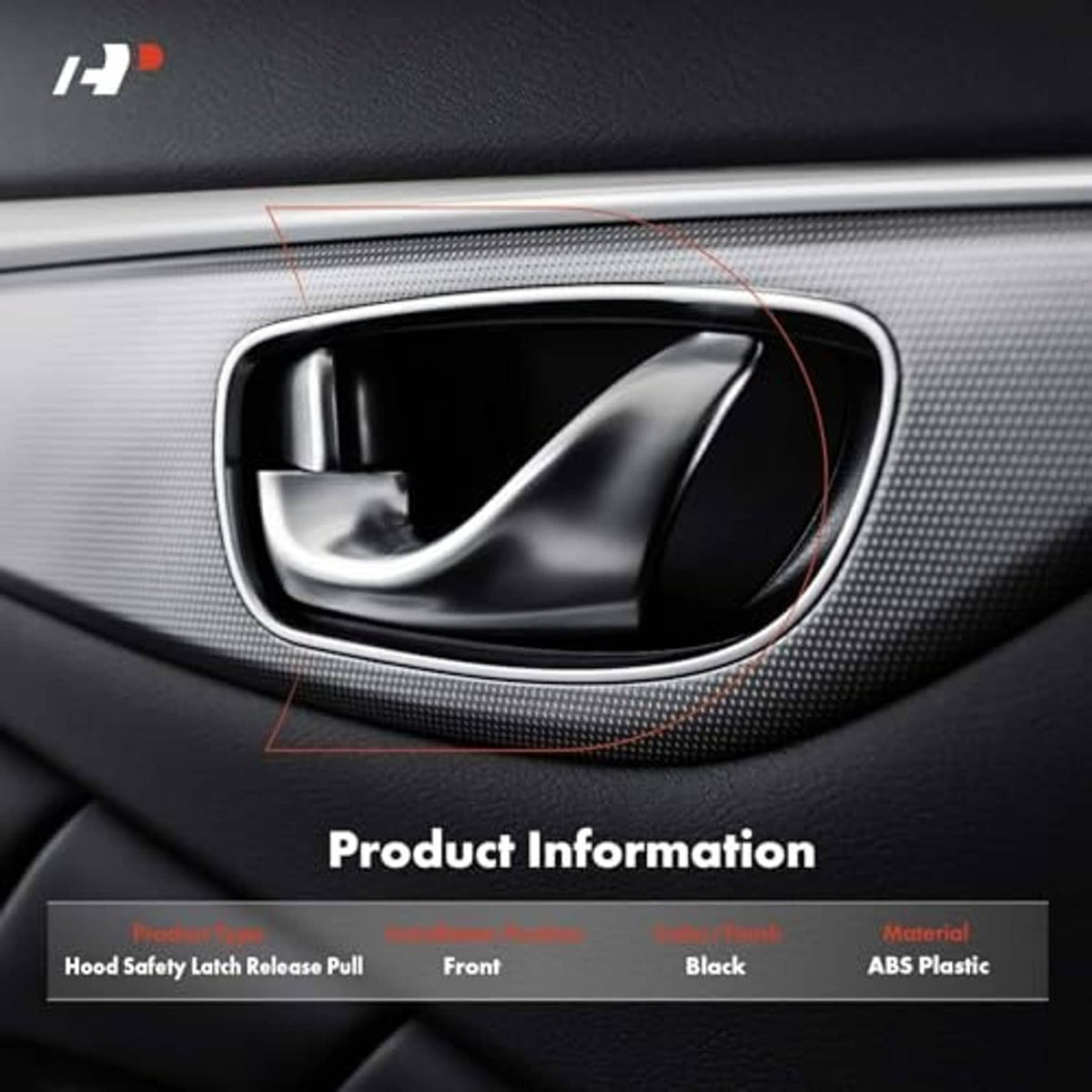 Black hood latch release pull rod handle installed in vehicle interior trim