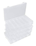 Clear plastic bead organizer box with hinged lid, stacked and opened to show grid compartments