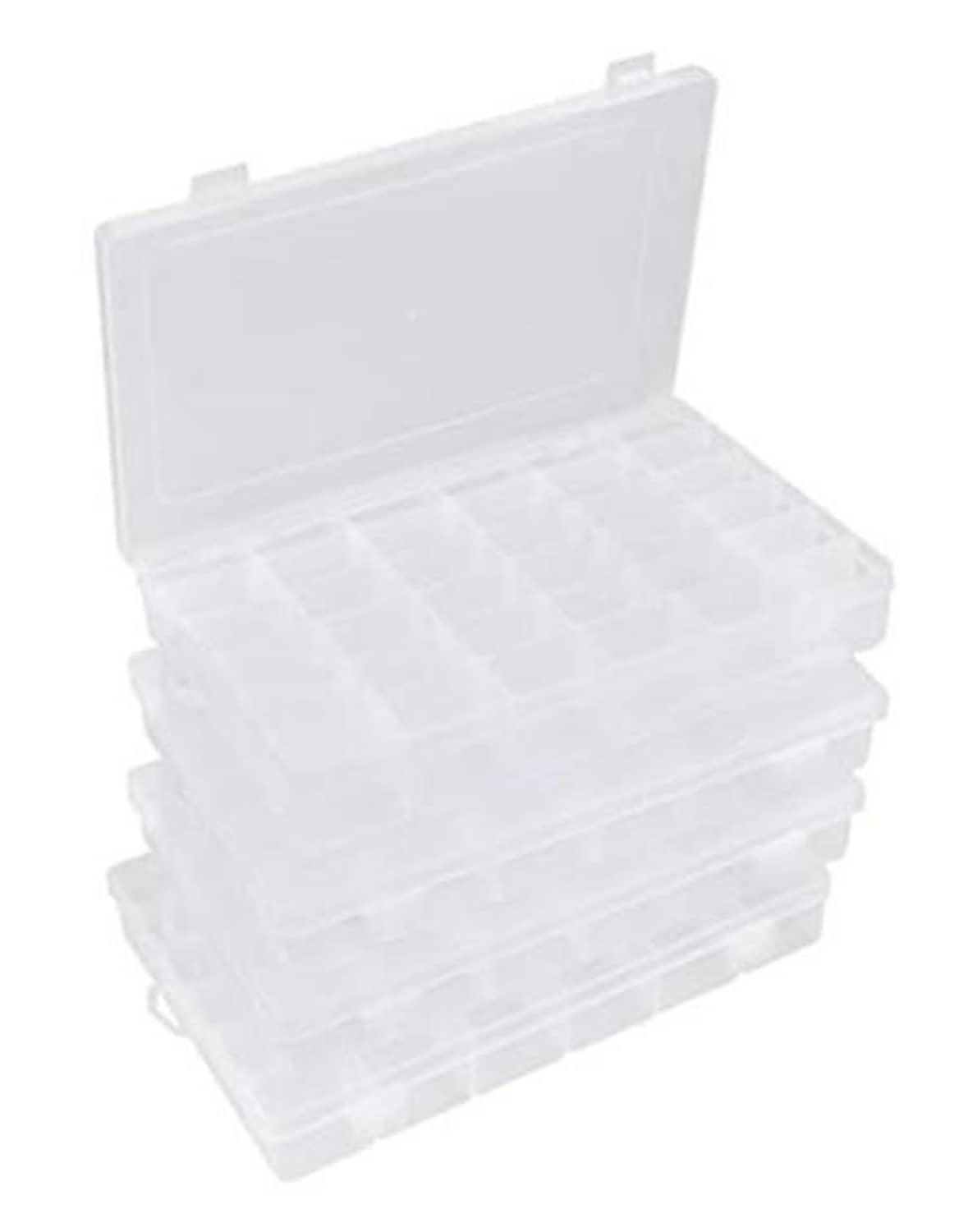 Clear plastic bead organizer box with hinged lid, stacked and opened to show grid compartments