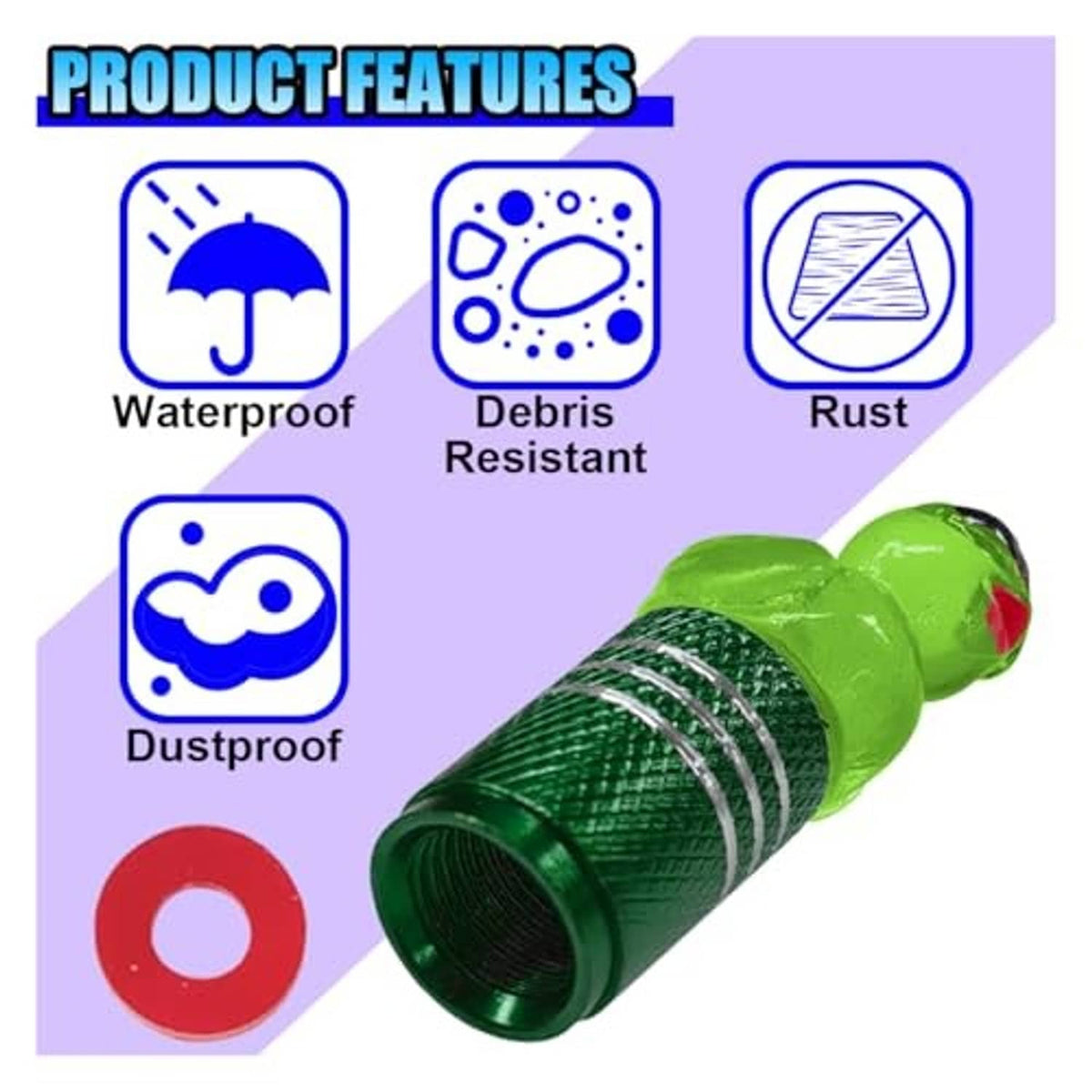 Green duck-shaped valve stem cap with ridged grip and black inner opening