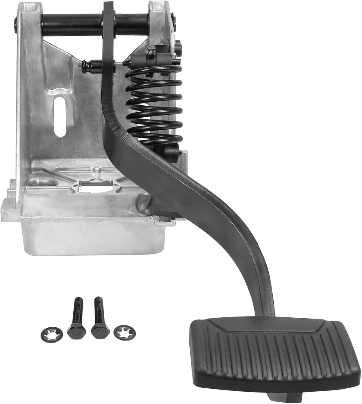 Clutch pedal assembly with black rubber foot pad, bracket, spring, and mounting screws