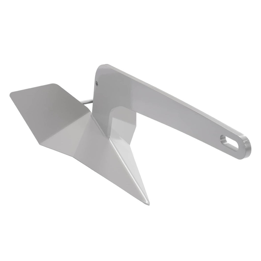 Triangular wing boat anchor matte gray, side view of flukes and extended shank