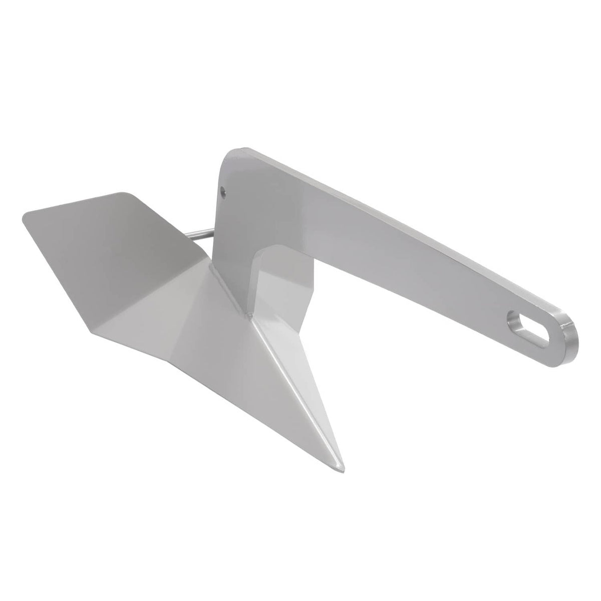 Triangular wing boat anchor matte gray, side view of flukes and extended shank