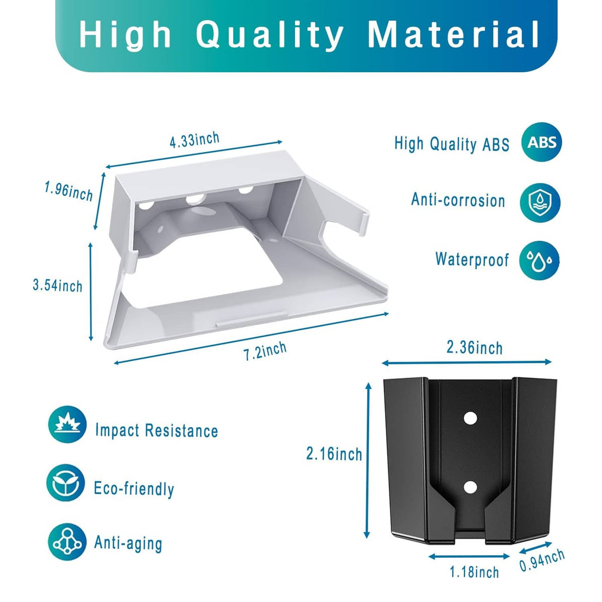 White wall mount bracket and black adapter mount bracket, labeled size dimensions