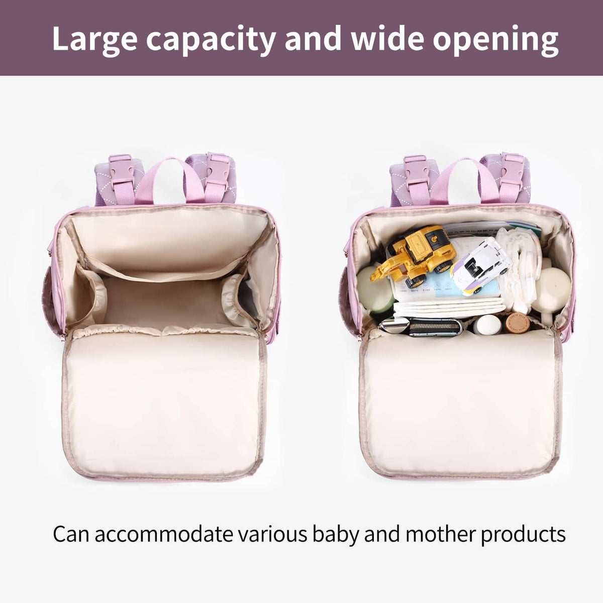 Lavender diaper bag open wide with lined compartments and removable changing pad