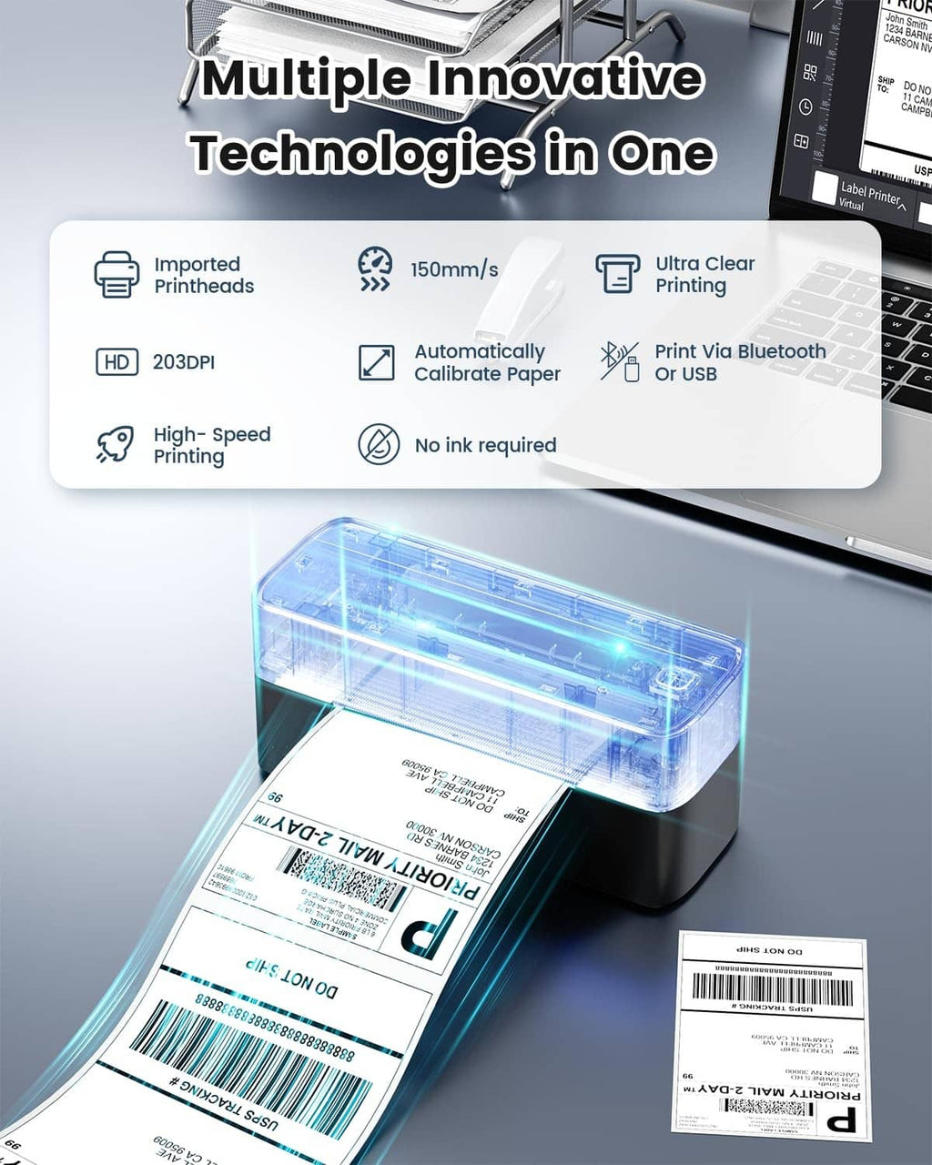 Black label printer with transparent cover and barcode label exiting the slot